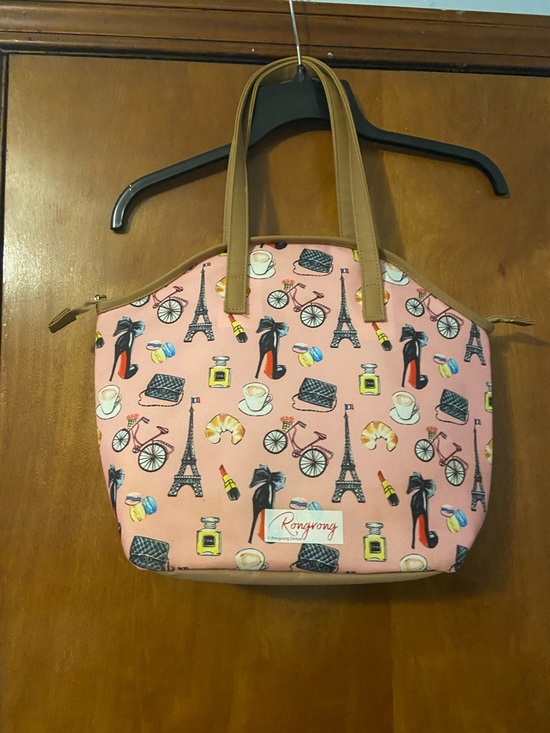 None Handbags - Pink Parisian-Print Tote with Tan Handles by Rongrong